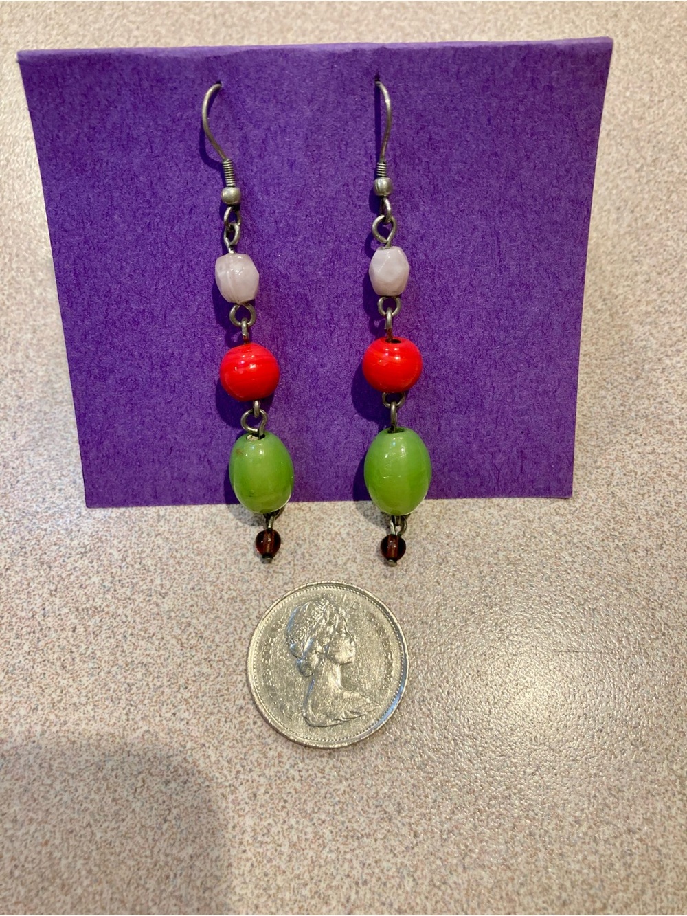 Handcrafted Vintage Multi-Bead Drop Earrings in Quartz, Green, Red & Garnet Gems